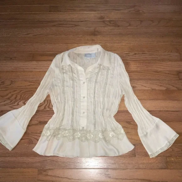 Vintage Tailor B Moss Beige/Tan Button Down Sheer Blouse with Lace Boho Medium - Picture 8 of 10